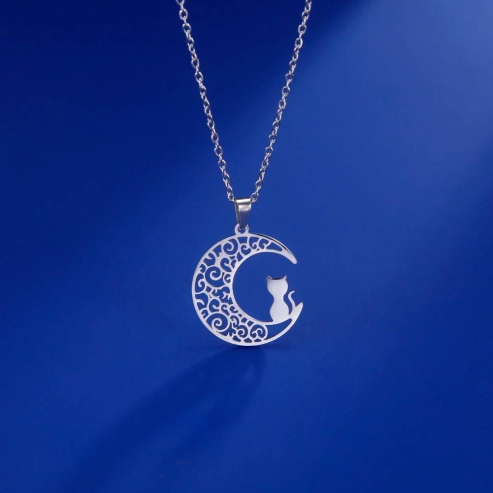 Pendentif chat lune argent suspendu