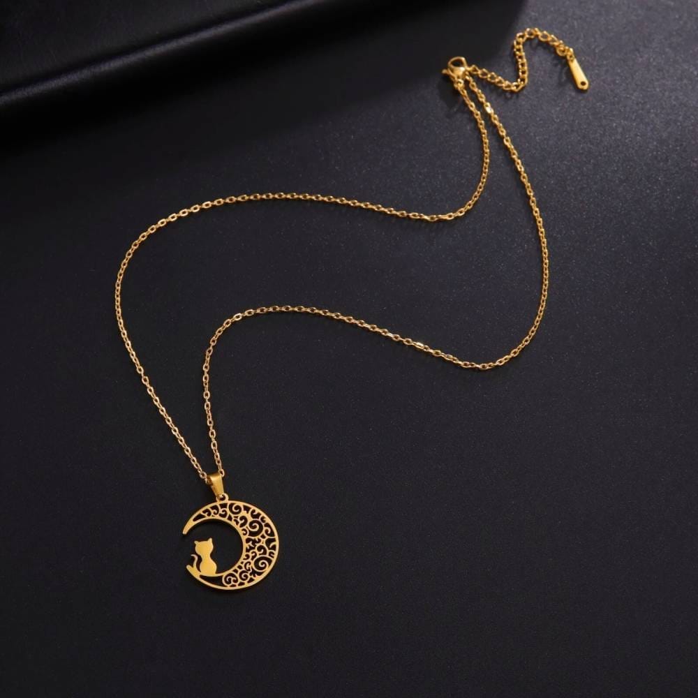 Pendentif chat lune or fond noir