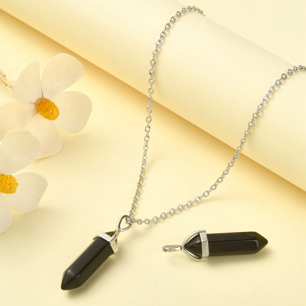 Pendentif obsidienne noire fleurs deco jaune