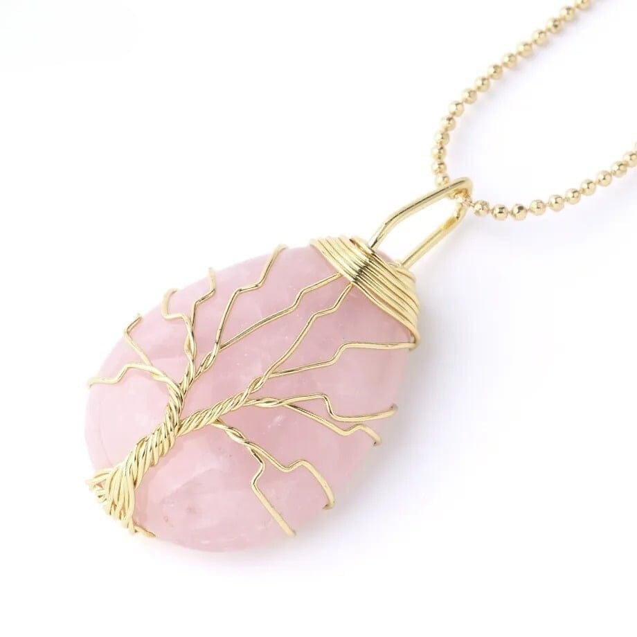 Pendentif quartz rose arbre de vie