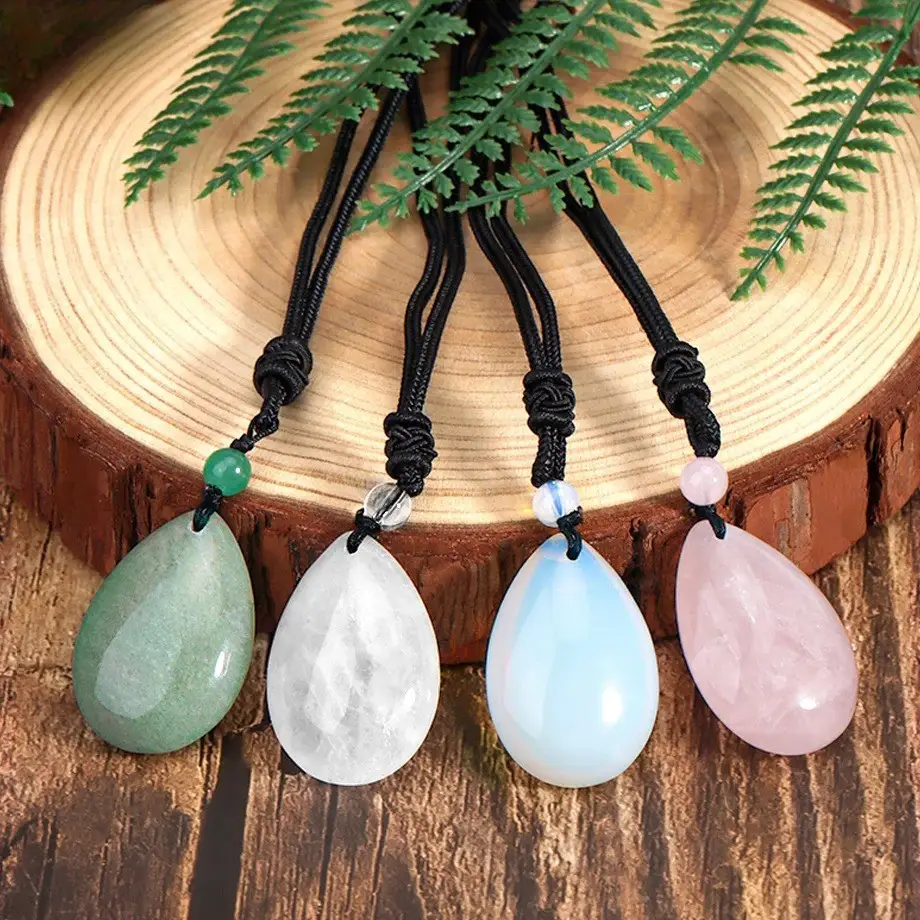 Pendentif quartz rose goutte multi deco bois